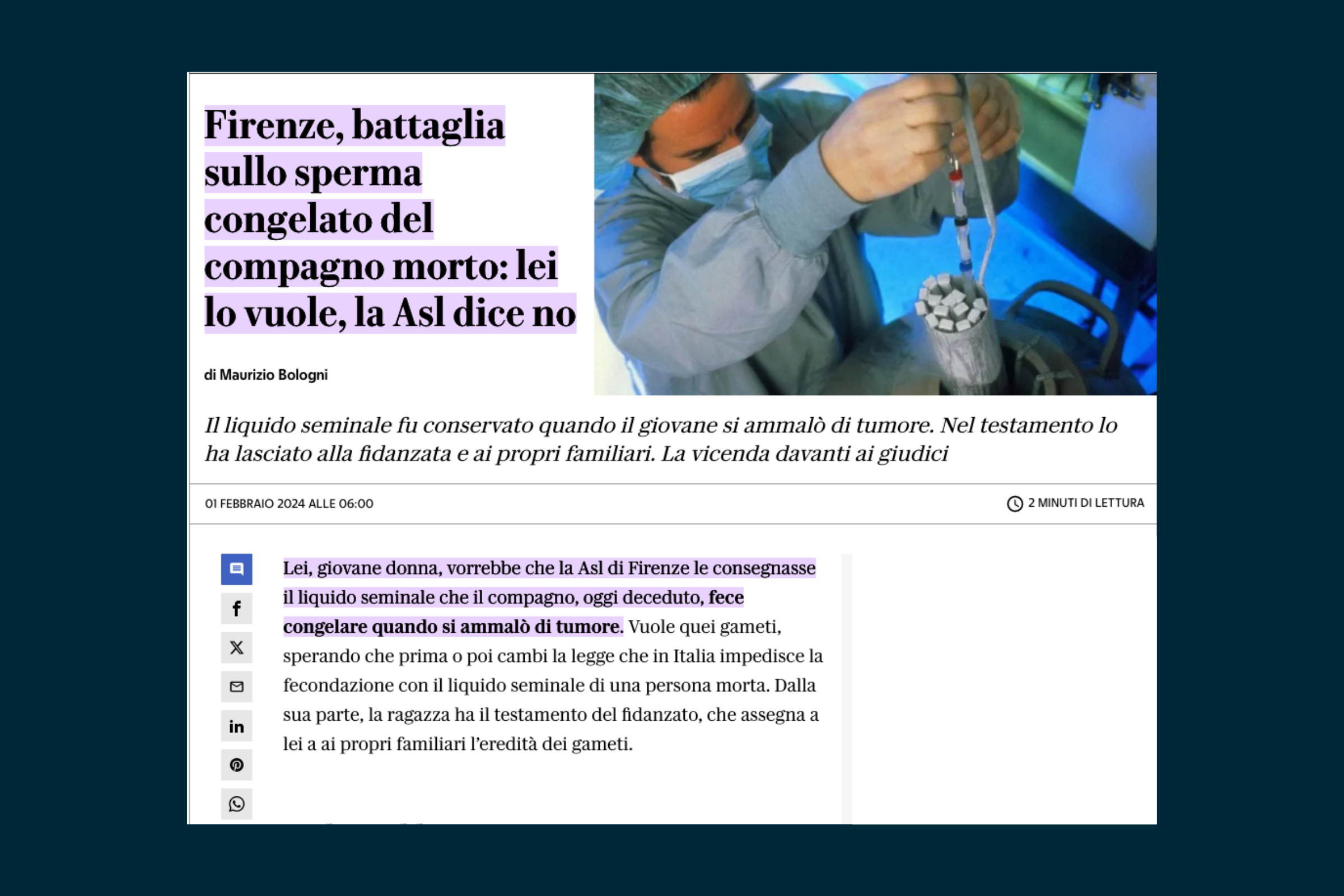 Firenze, battaglia sullo sperma congelato del compagno morto: lei lo vuole, la Asl dice no. Lei, giovane donna, vorrebbe che la Asl di Firenze le consegnasse il liquido seminale che il compagno, oggi deceduto, fece congelare quando si ammalò di tumore.